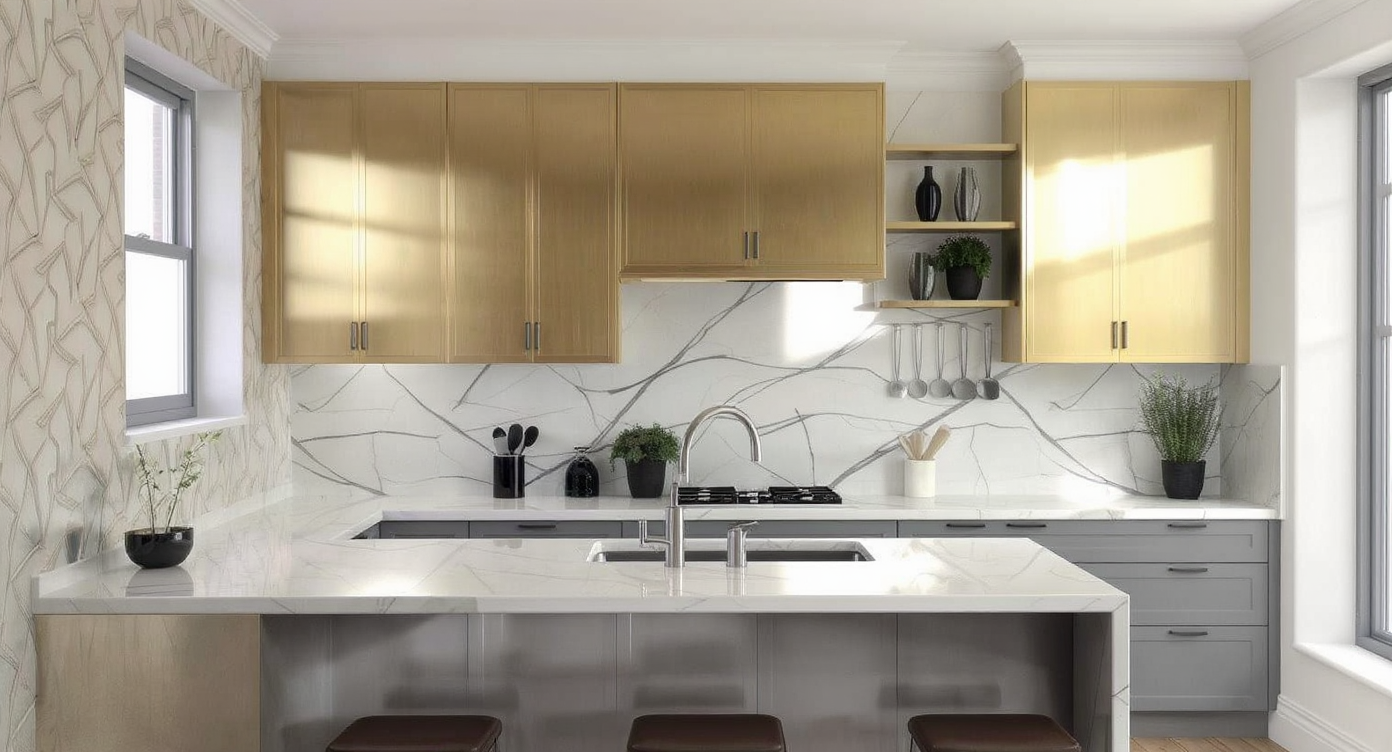 Photorealistic kitchen with gold upper cabinets, matte white base cabinets, stone countertops, black glass appliances, and decorative wallpaper.