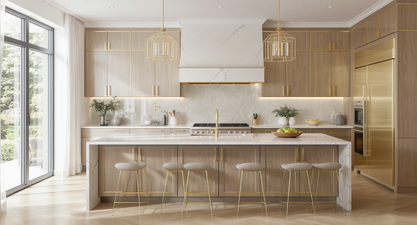 Wide-angle view of a modern, gold-accented kitchen featuring gold cabinetry, appliances, island trim, natural light, and minimalist decor.