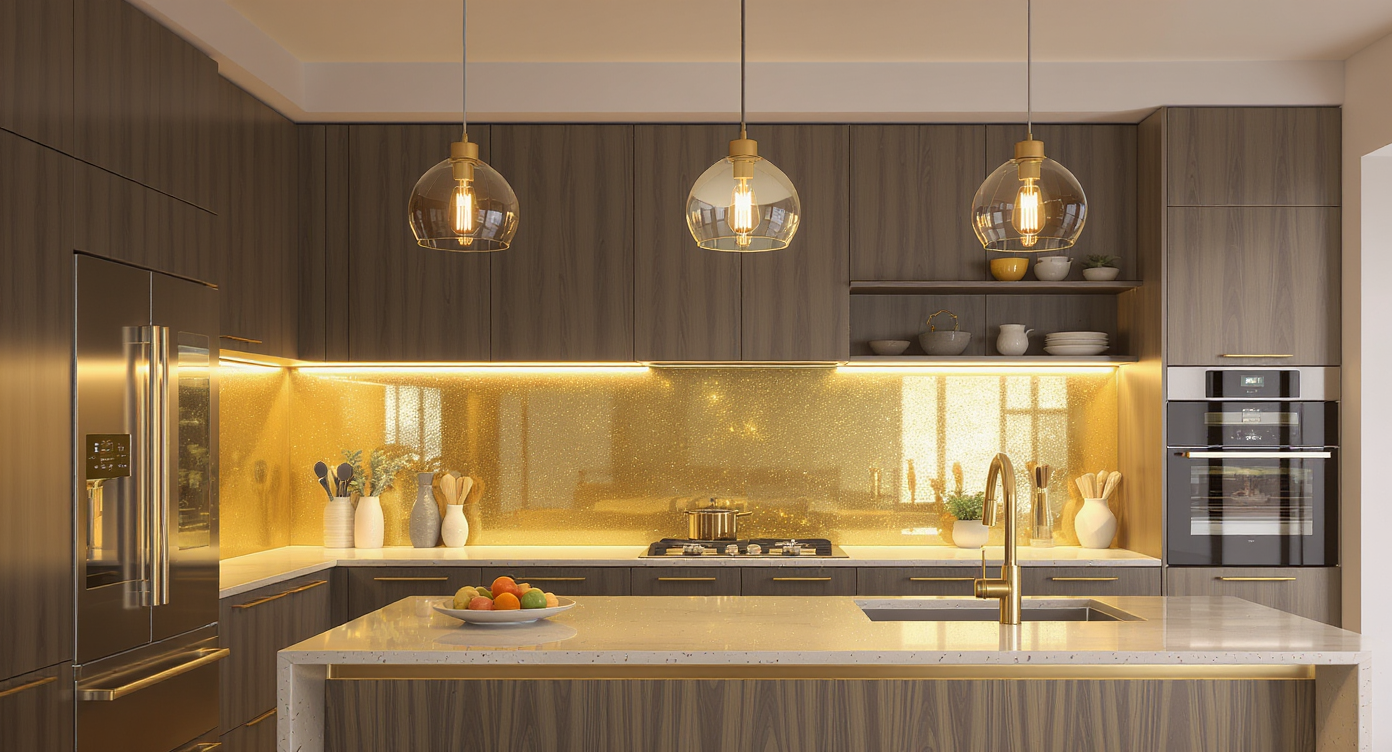 Contemporary gold-accented kitchen with layered under-cabinet LEDs, pendants, and shelf lighting that enhances gold finishes for a warm, inviting glow.
