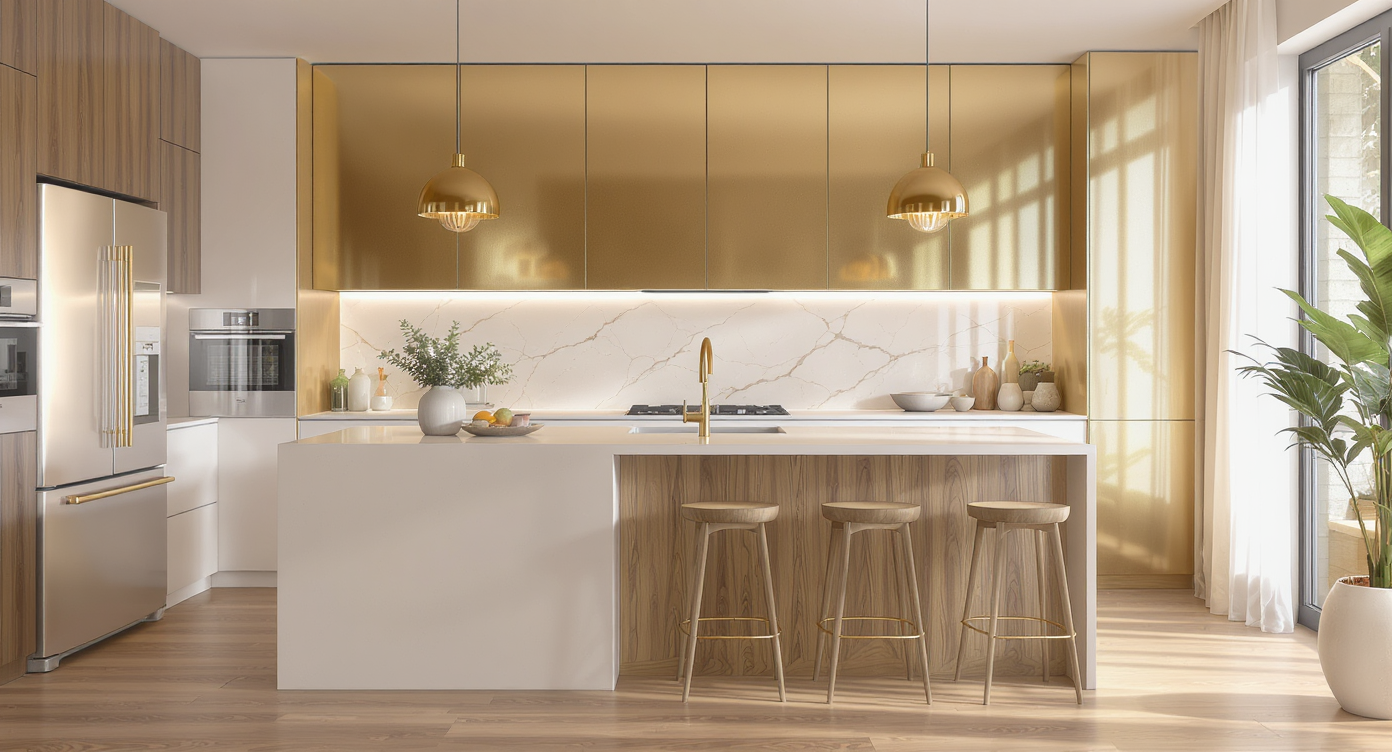 A modern kitchen with gold upper cabinets as a focal point, balanced by white base cabinets and a neutral backsplash under natural lighting.