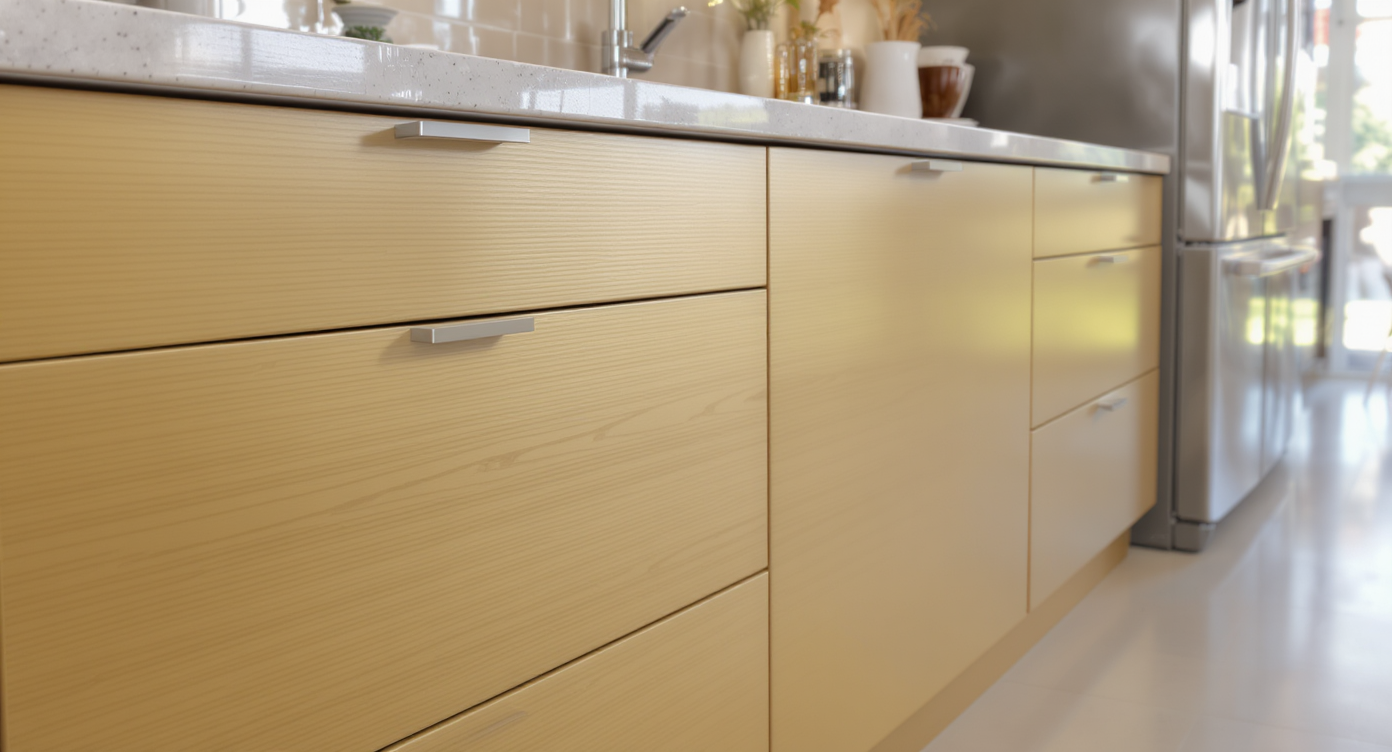 Close-up of matte and satin gold kitchen cabinets with brushed brass hardware, showcasing different gold finishes under natural light.