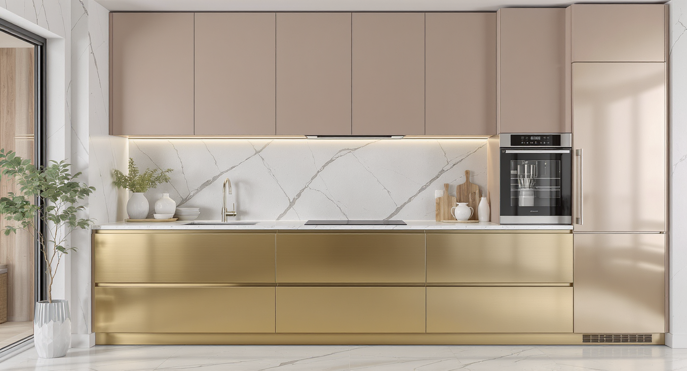 A modern kitchen featuring gold cabinets, gold hardware, and a matte gold faucet, balanced by stone countertops and light wood flooring.