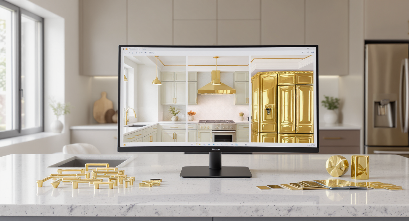 A photorealistic kitchen scene showing a monitor with digital gold kitchen design previews and actual gold samples arranged on the counter.