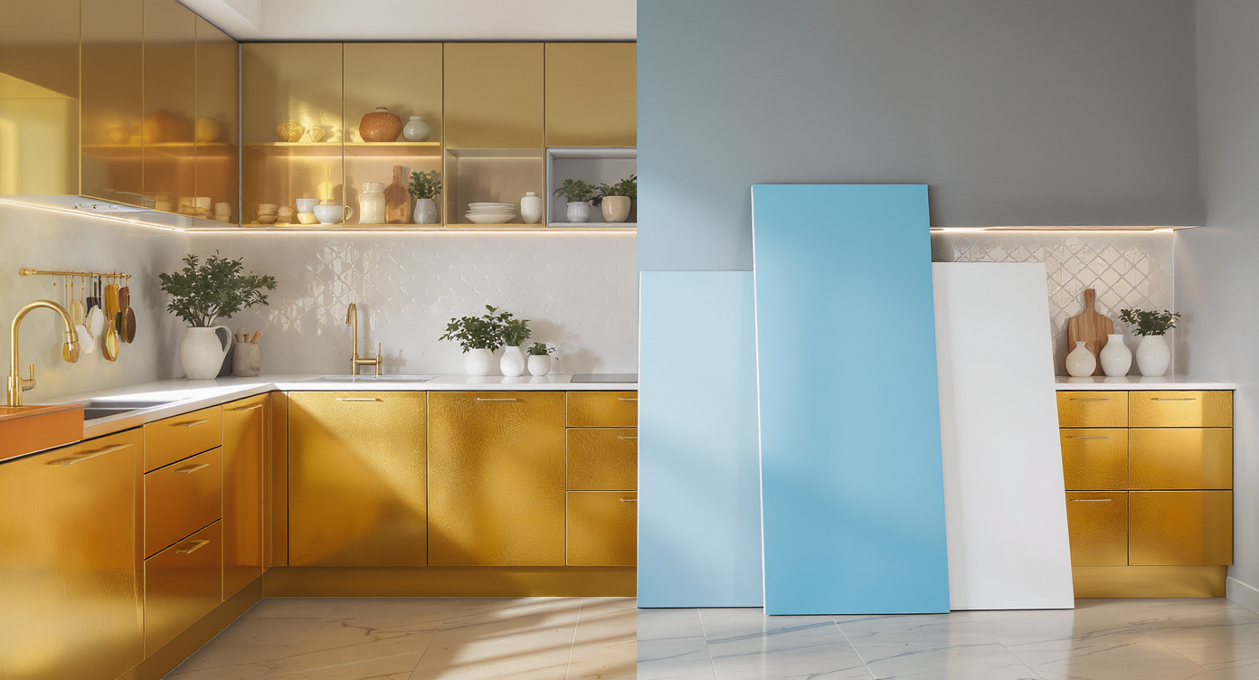 A gold kitchen featuring modular, reversible cabinet panels and colorful accents, emphasizing personalized design choices and flexible finishes.