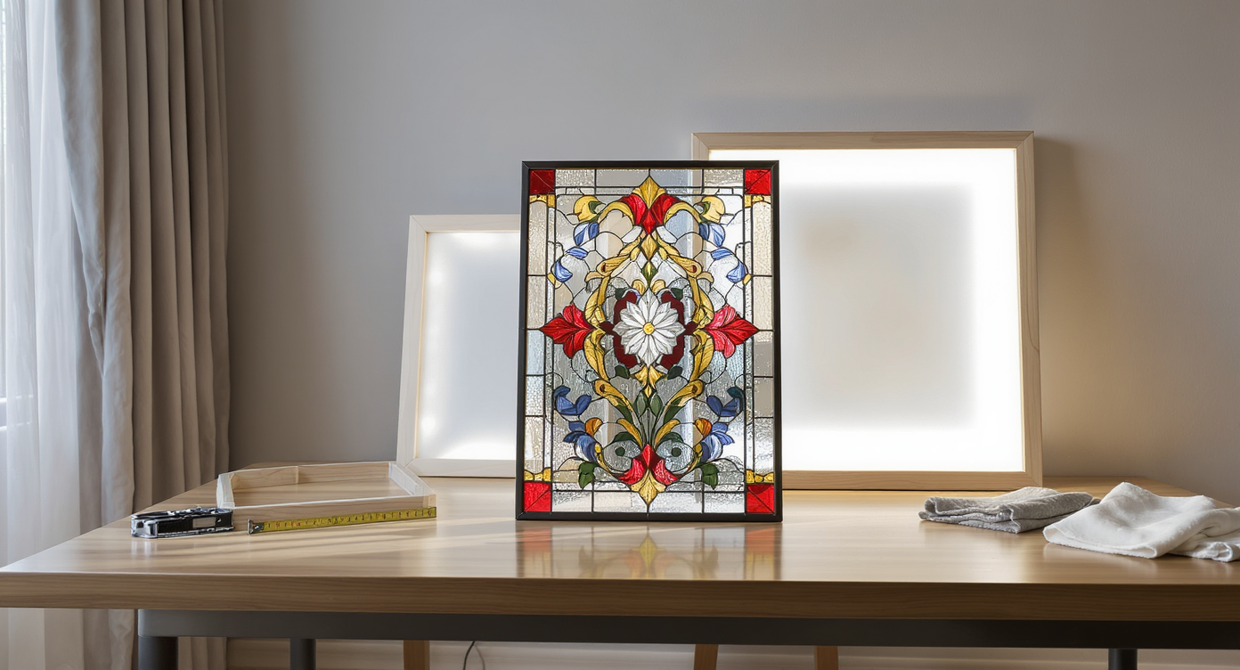 Modern living room with a vibrant stained glass panel on a worktable, unlit and waiting for installation, surrounded by framing and lighting materials.