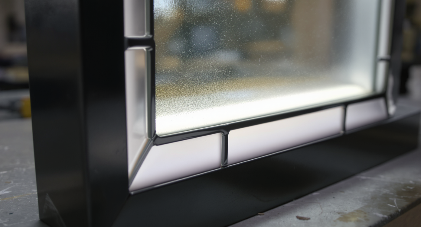 Photorealistic close-up of a large stained glass panel in a robust L-shaped black steel frame, inner surfaces painted white and softly backlit.