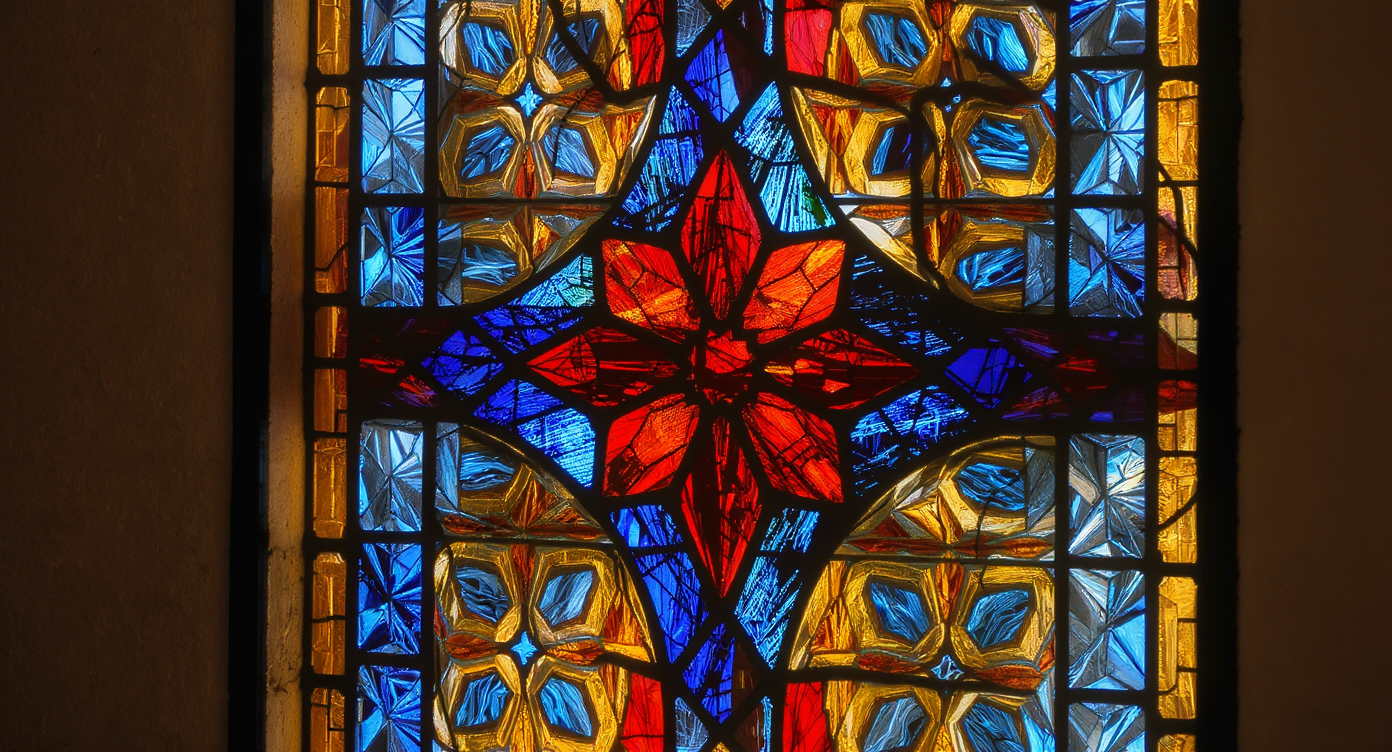 A flawless backlit stained glass panel installed in a wall niche, with seamless painted hardware and no visible gaps, glowing vibrantly after final finishing.