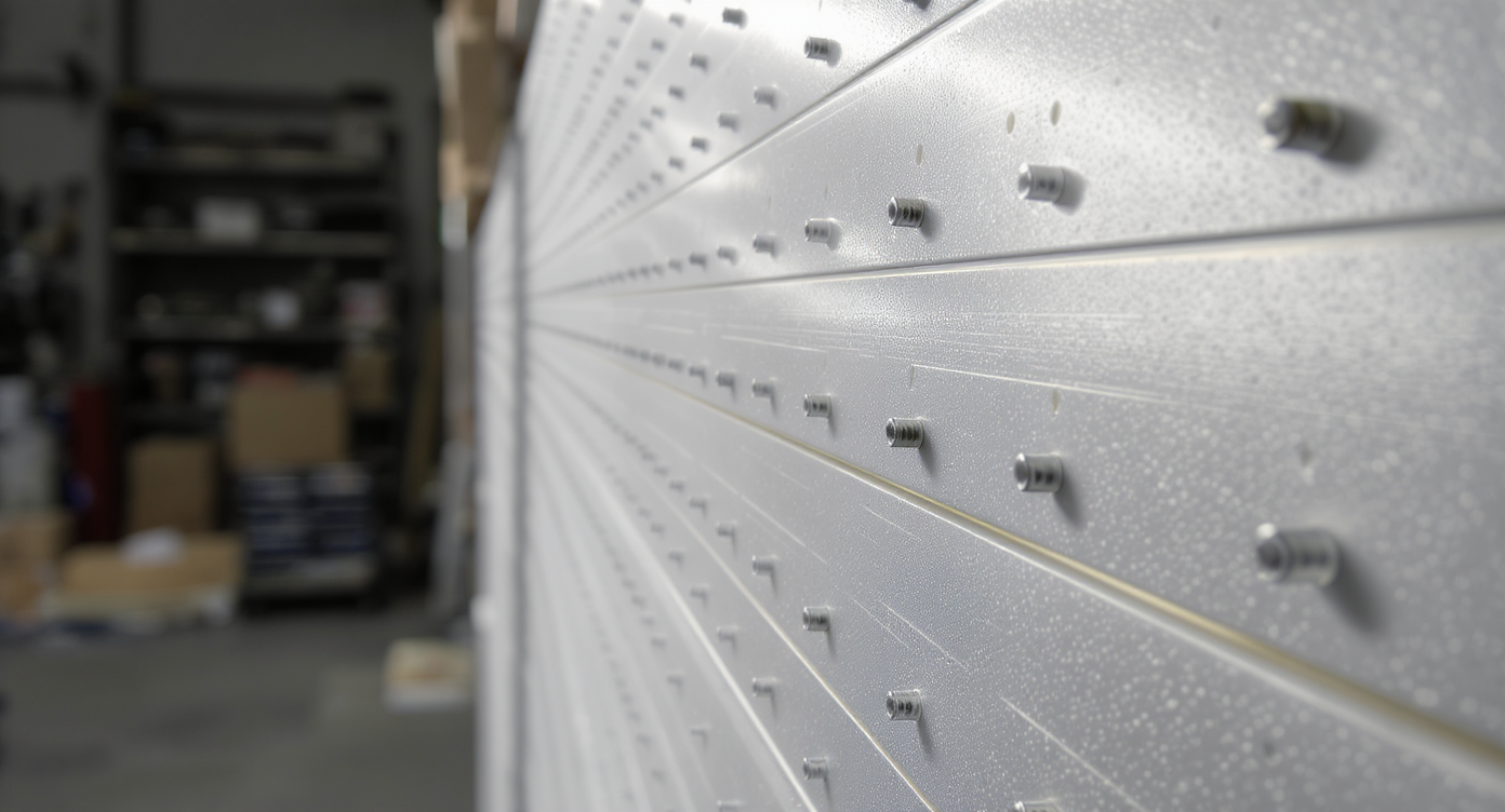 Ultra-realistic image of an aluminum backplate with evenly spaced PCB LED strips secured by screws, white-painted surfaces, and airflow gaps.