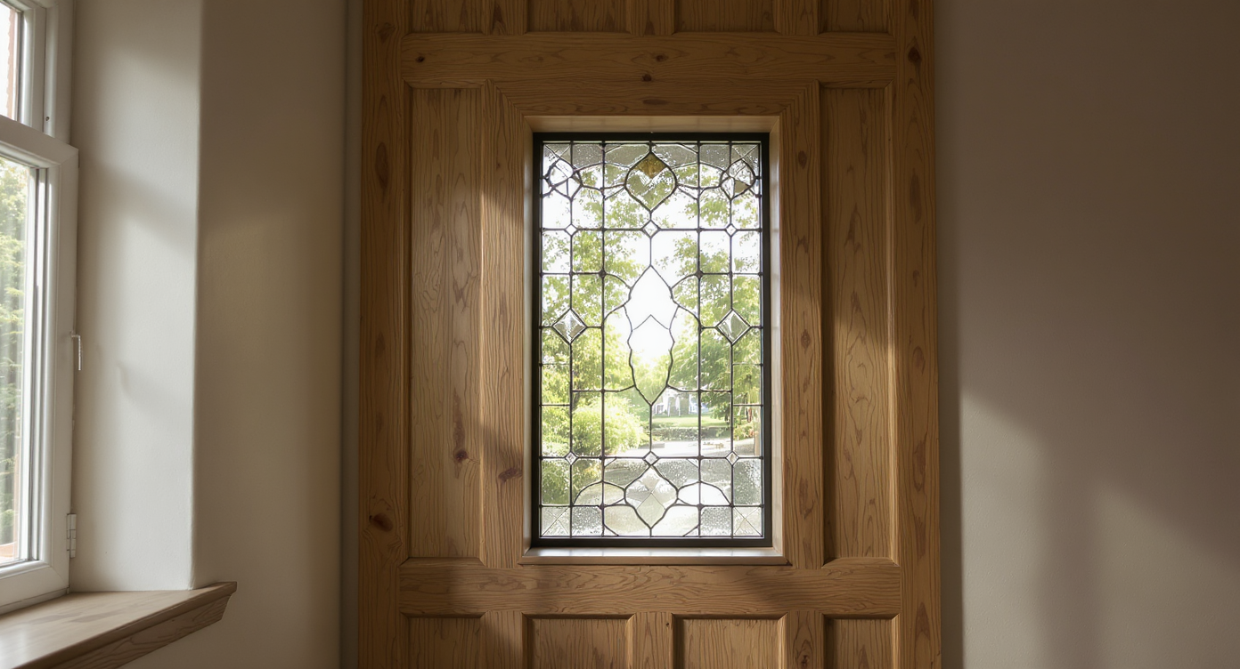 Stained glass panel framed by a black metal inner frame and a custom-fitted oak outer frame, illuminated from behind, mounted in a wall.