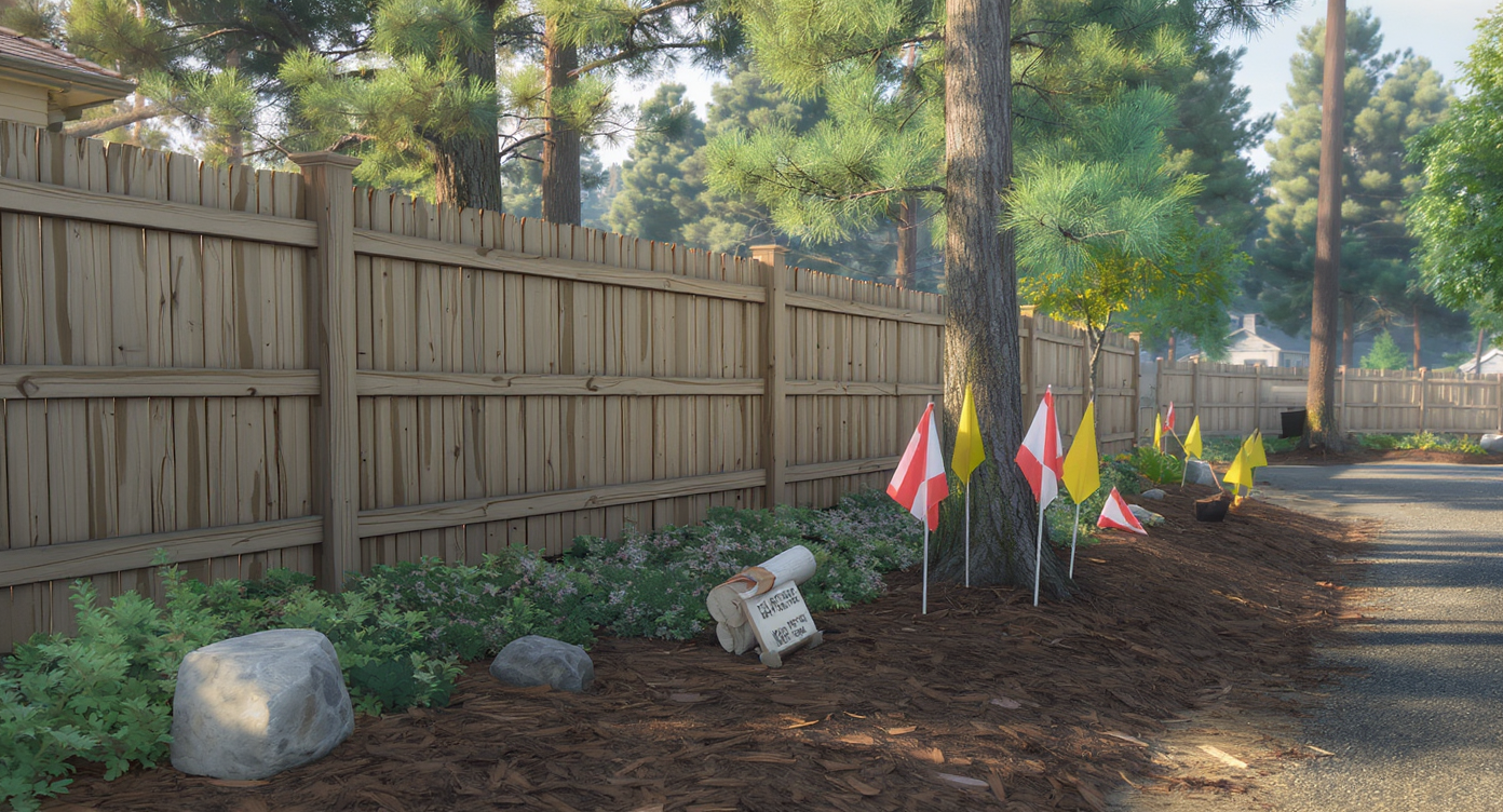 Neatly marked mountain property line with stone markers, subtle native shrubs, a wooden fence, survey flags, posted sign, and evaluated mature trees.