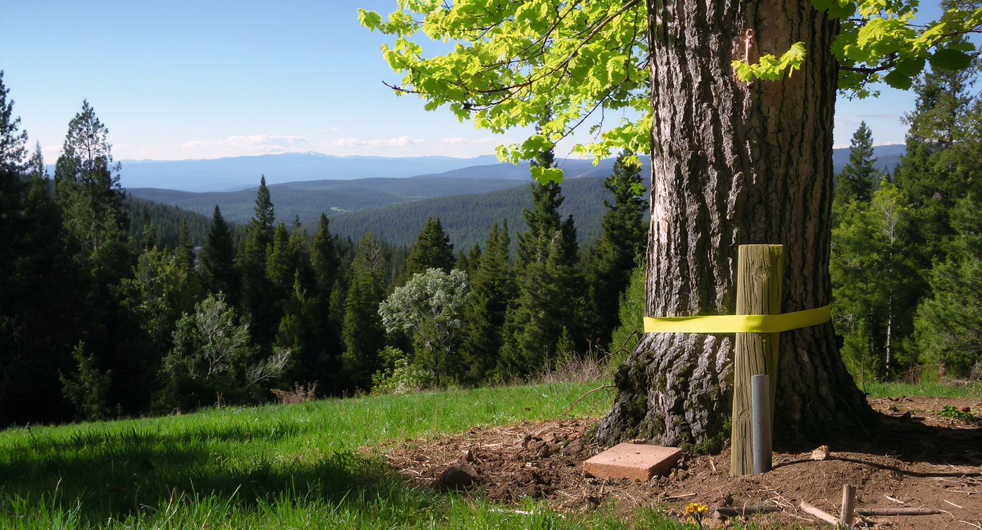A permanent metal property marker and wooden post define a clear boundary between a manicured mountain lawn and adjacent woodland, with a large tree nearby.