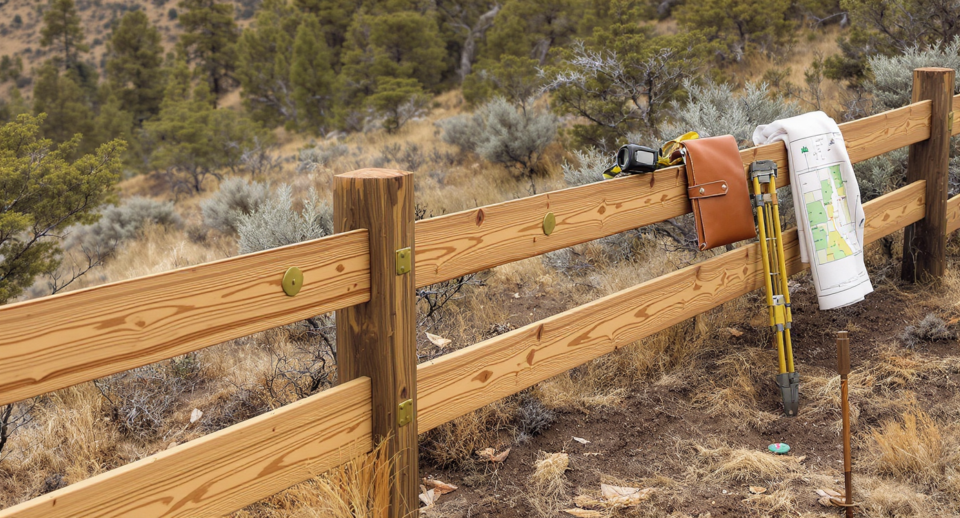 A neat mountain property boundary with a sturdy wood fence, native plantings, surveyor's tools, and property boundary markers in natural light.