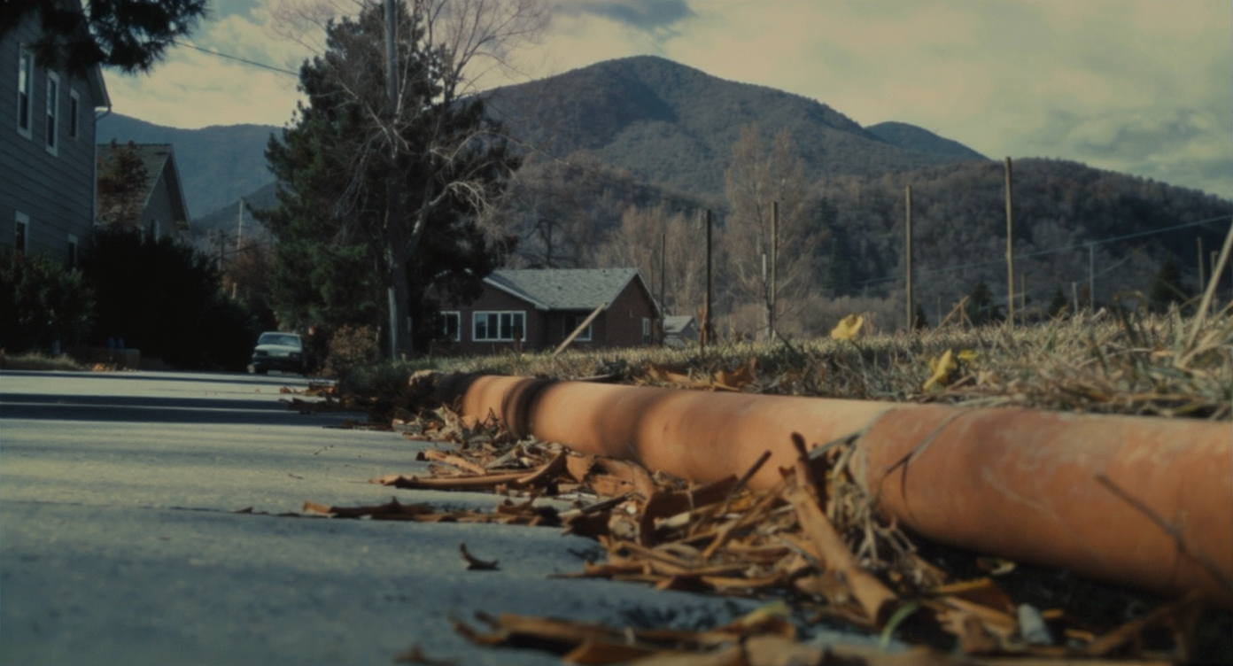 A realistic mountain neighborhood property line with mature trees beside a wooden fence and development equipment encroaching near the treeline.