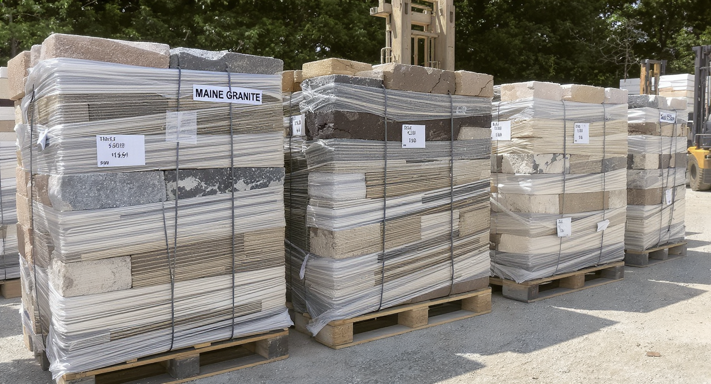 Close-up of stone pallets labeled Maine granite and Texas flagstone at a masonry yard, showing regional stone types and pricing context.