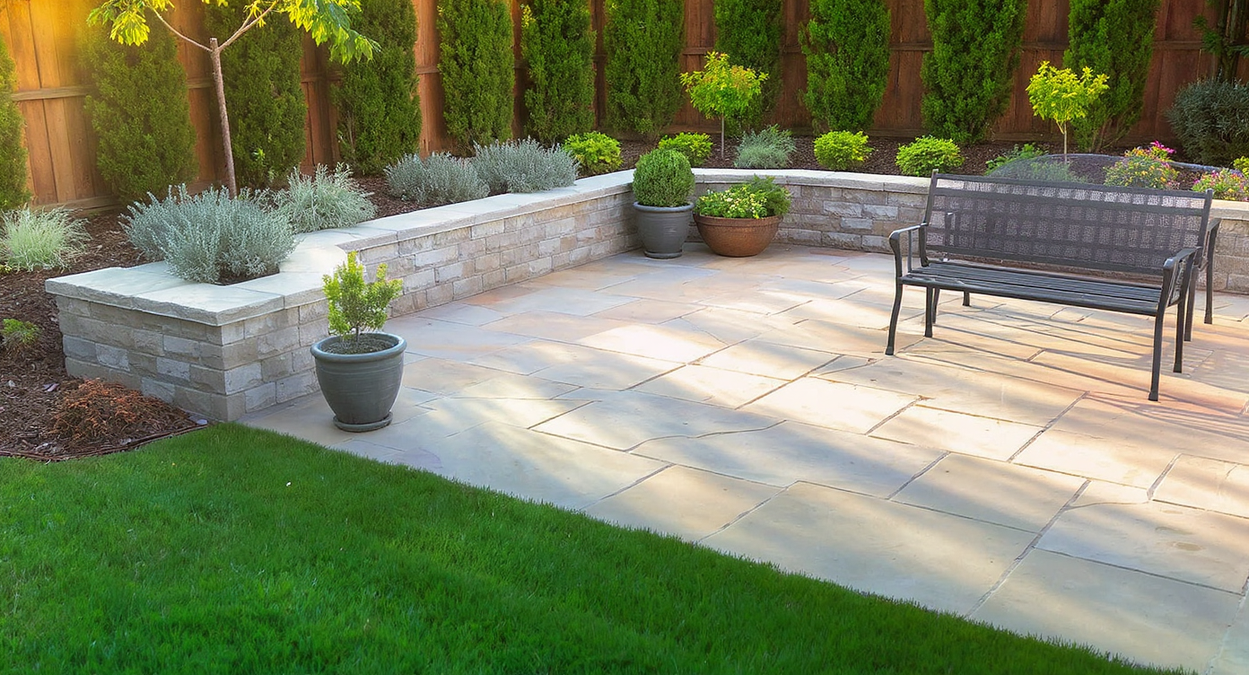 A realistic stone patio with a matching low wall, modern outdoor furniture, and landscaped garden beds in a sunny backyard setting.