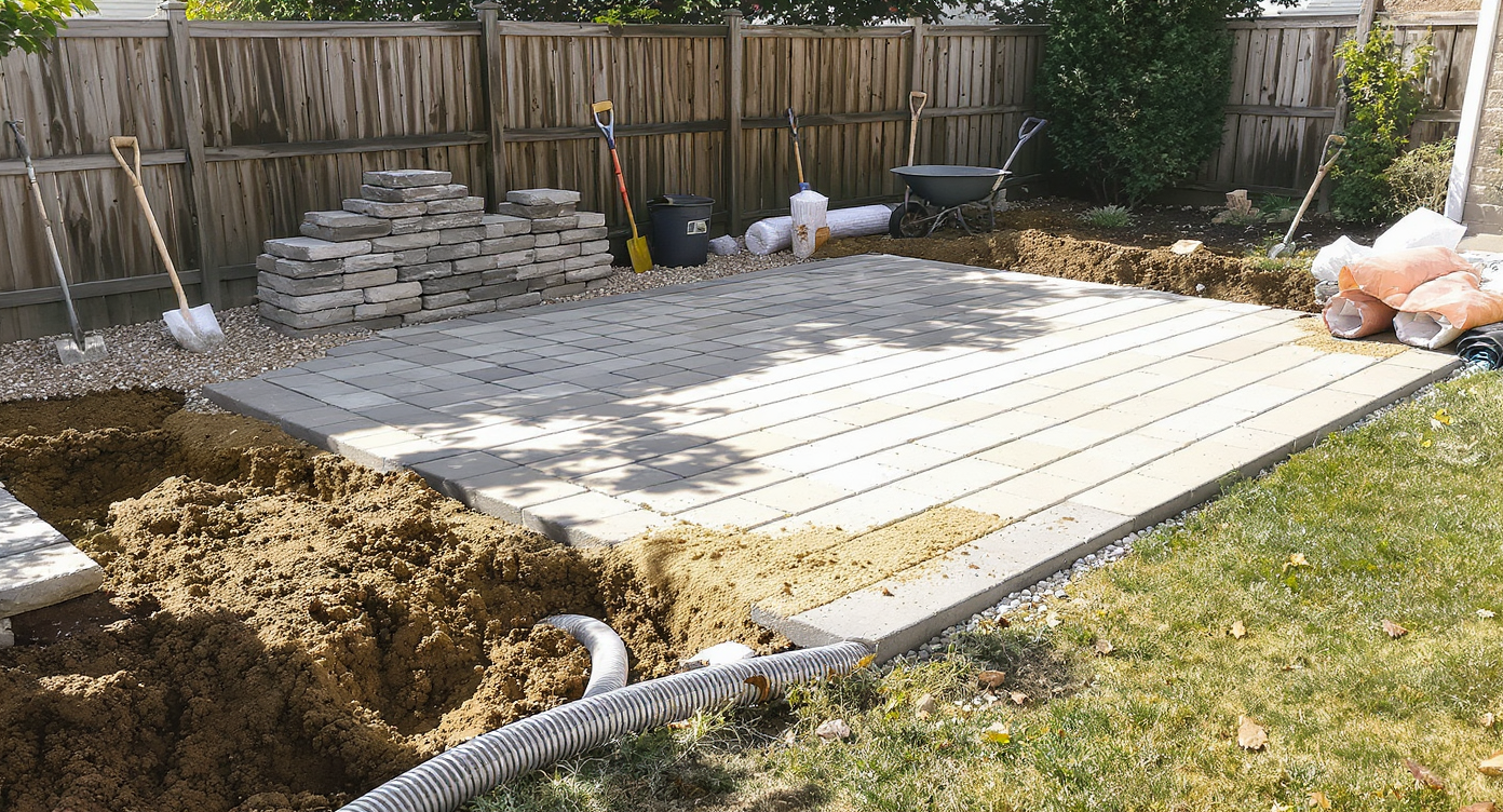 Exposed patio worksite showing open trenches, unseen drainage pipes, gravel layers, and stone pavers ready for installation—no people present.