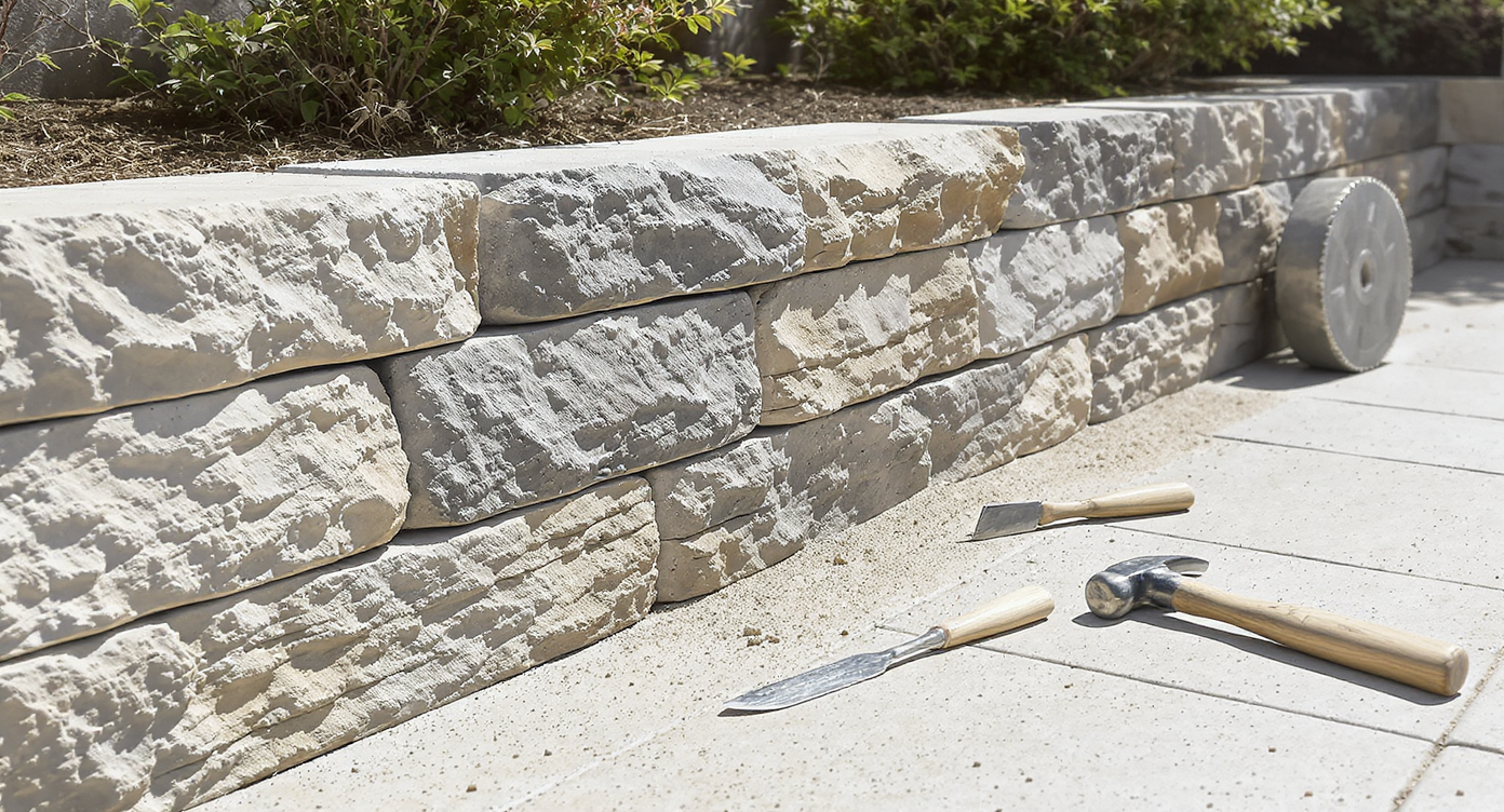 Close-up of a small stone wall with tight joints, trimmed stone edges, and masonry tools nearby, showing detailed craftsmanship and fitting.