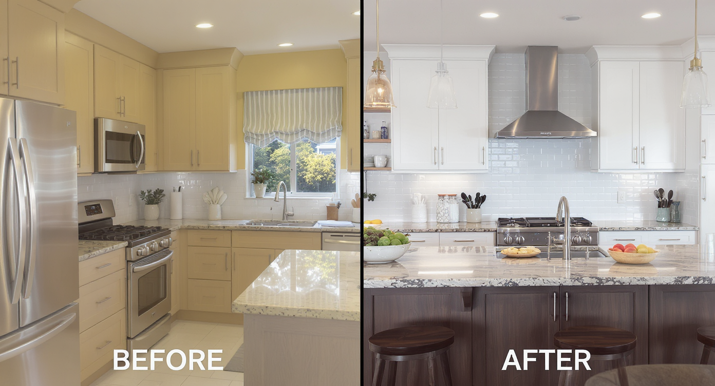 A photorealistic split-view kitchen shows one half outdated and cluttered, the other modern and freshly renovated with new surfaces, tools, and decor.