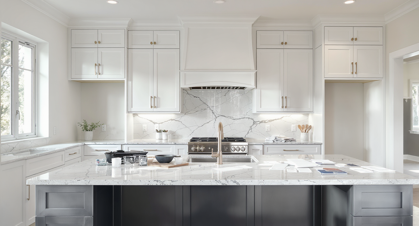Modern kitchen remodel with tall cabinets replacing a removed bulkhead, seamless quartz counters, and refreshed cabinet hardware setup visible.