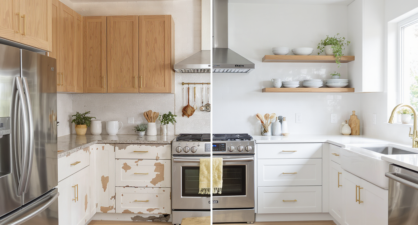 Photorealistic split-screen kitchen showing outdated design on one side, modern renovated space with upgrades like pot filler and shut-off valves on the other.