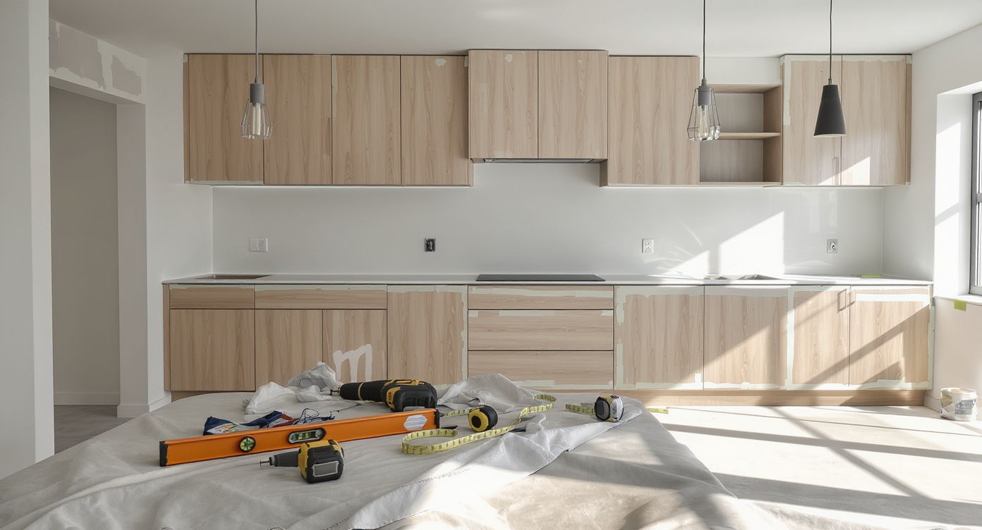 A realistic kitchen mid-renovation with new cabinets being installed, tools neatly placed, and countertops marked for future specialist work.