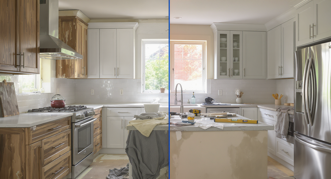 A realistic kitchen interior shows both old, worn cabinets on one side and newly installed modern cabinetry on the other, with renovation tools and materials neatly placed on a partially unfinished central island.