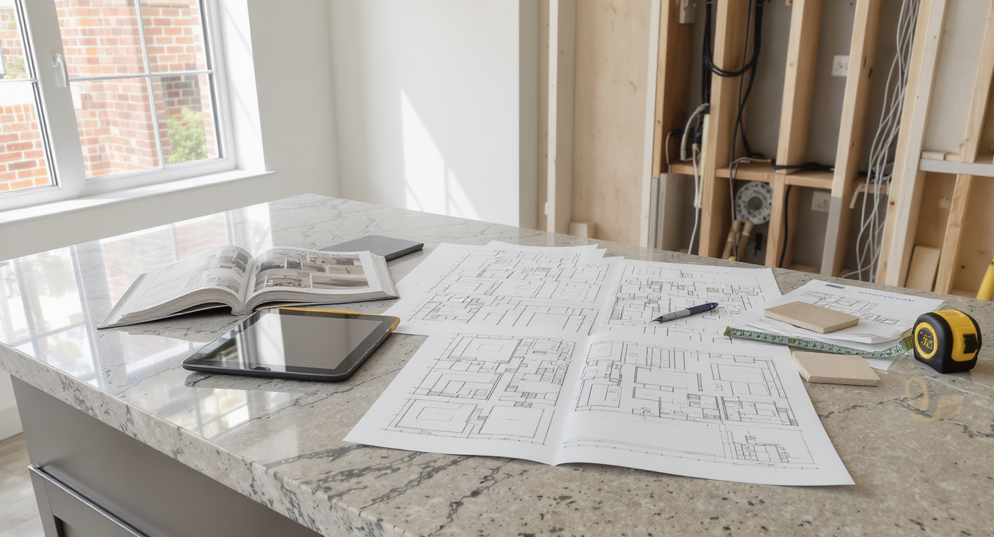 Realistic kitchen remodel scene showing floor plans, material samples, open wall with bulkhead, appliance catalogs, and renovation tools.