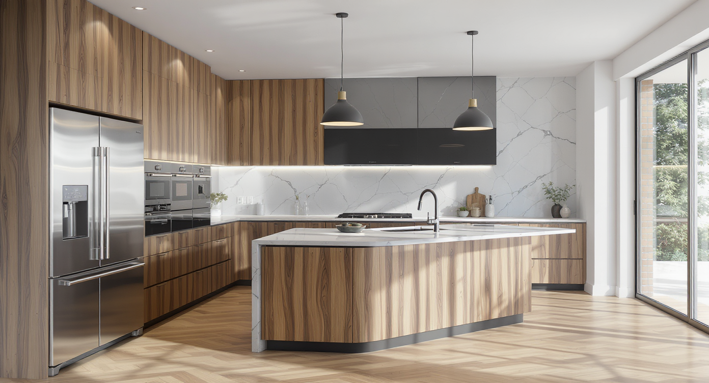 Modern kitchen with recessed lights, pendant accents over a peninsula, a corner sink, and well-placed appliances for optimal layout.
