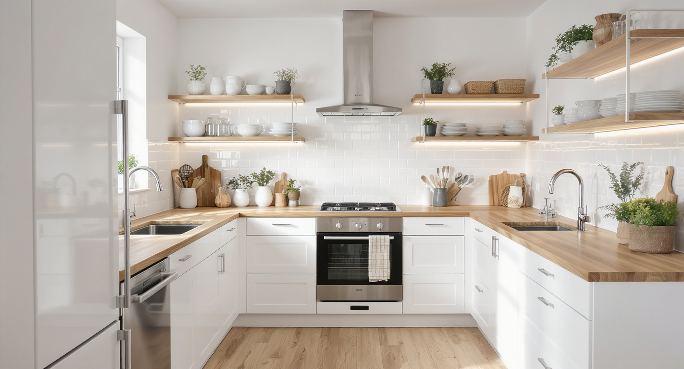 Bright Scandinavian-style kitchen remodeled with IKEA cabinets, natural wood countertops, open shelving, and minimalist Nordic decor in natural daylight.