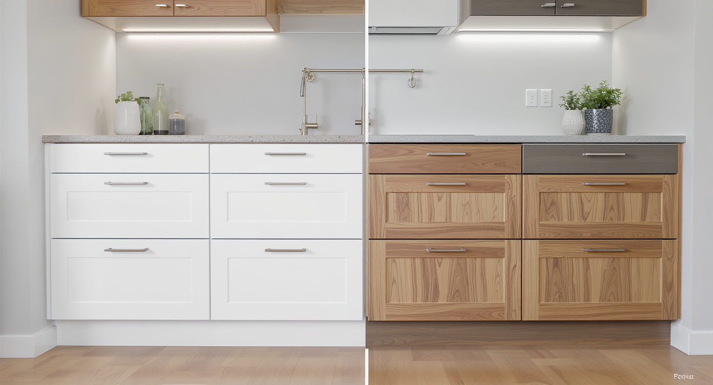 A modern kitchen with IKEA cabinets, half in basic white fronts and half upgraded with custom Plykea maple and matte Fenix doors in natural daylight.