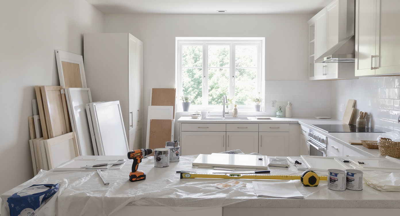 A mid-renovation kitchen scene with new IKEA cabinets being installed, old cabinets stacked for resale, tools and materials neatly organized.