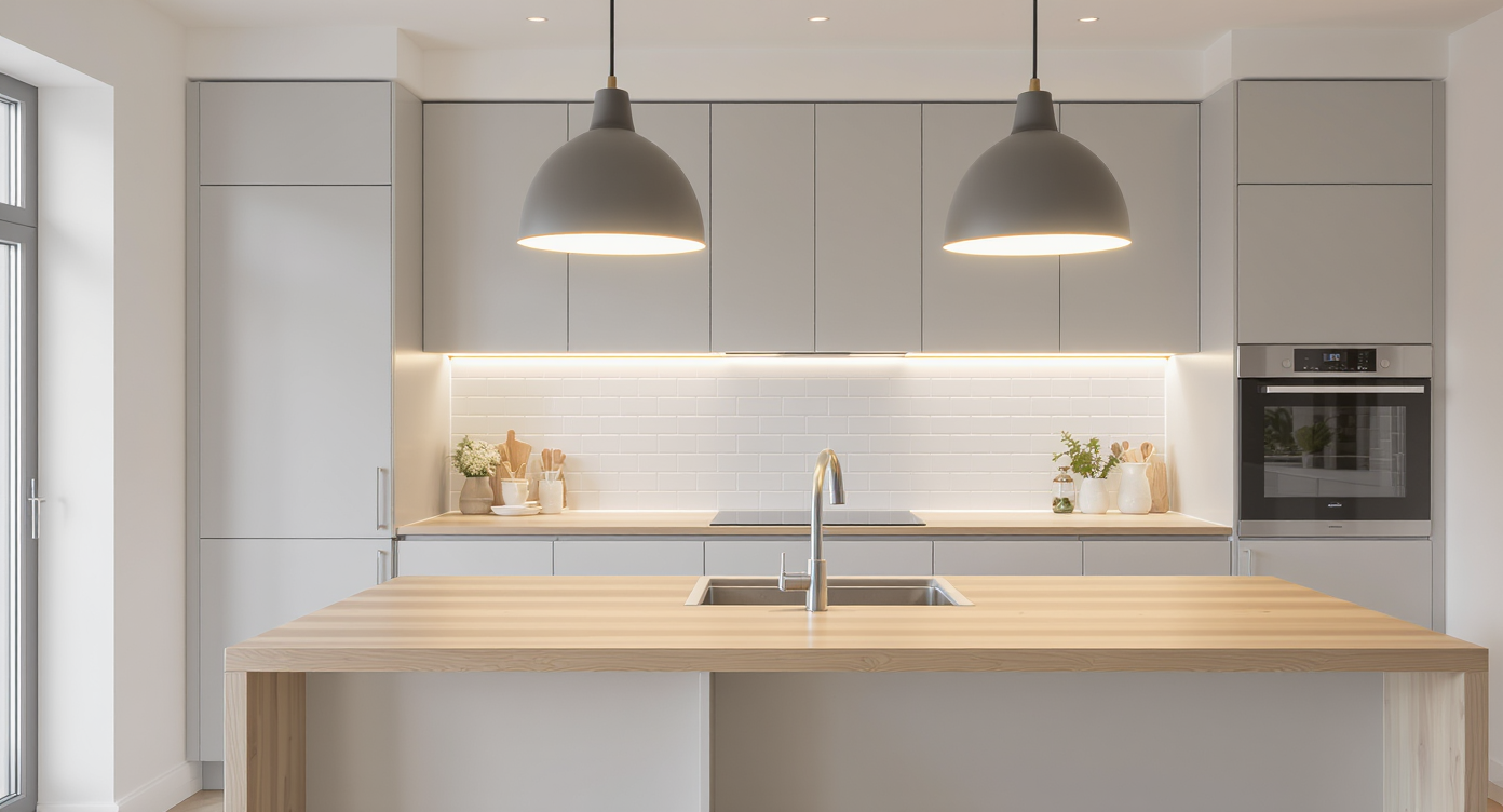 Modern Scandinavian kitchen featuring matte pendants over an island and under-cabinet LED lighting creating a layered, inviting ambiance.