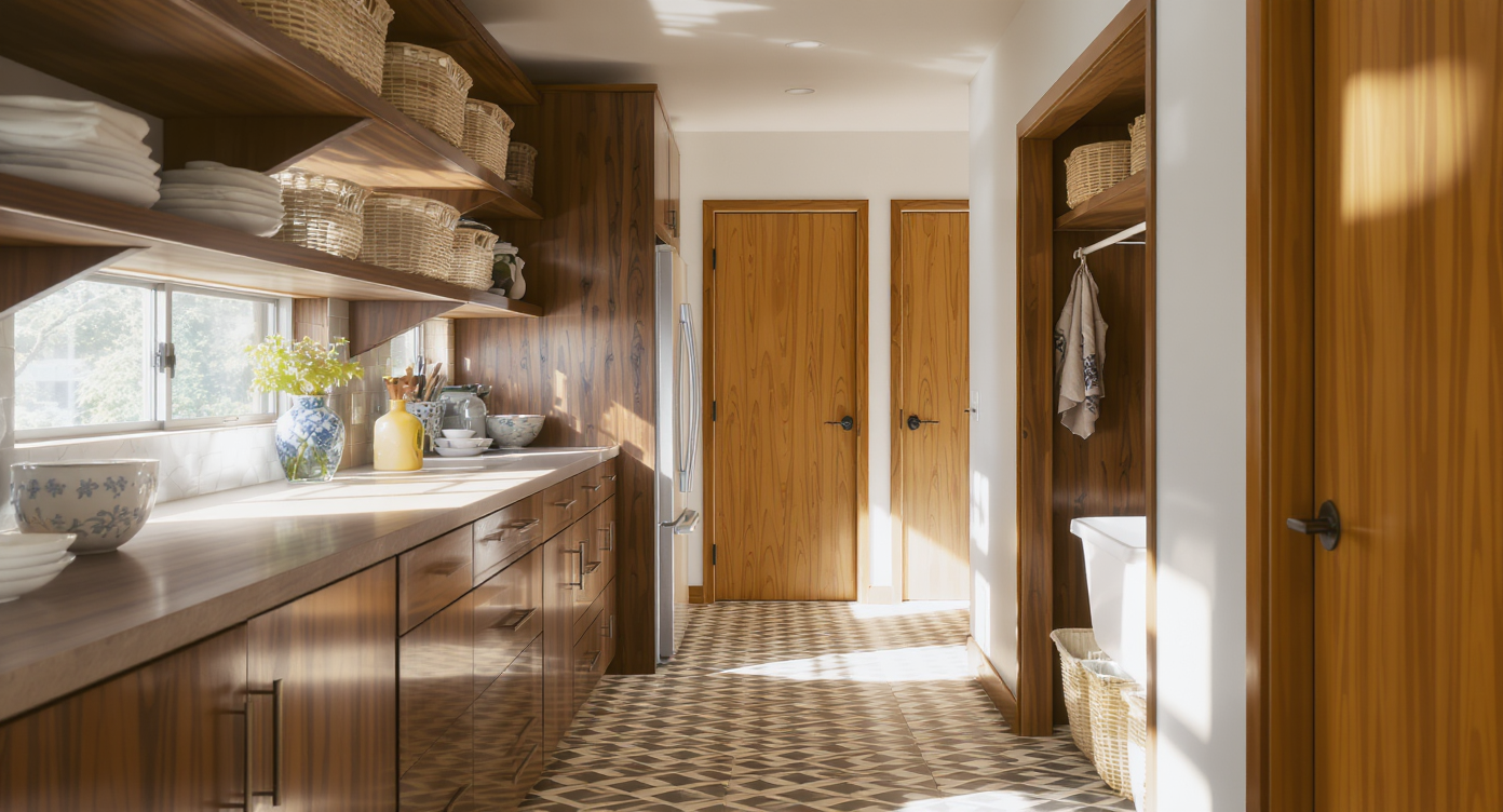 A sunlit transitional room in a 1970s split-level home blends mid-century modern storage cabinets and open shelves with utility features, connecting kitchen and mudroom.