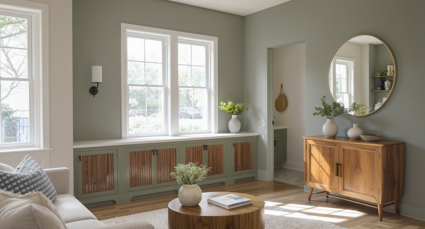 Transitional room with shallow under-window cabinetry, built-in broom closet, and mid-century credenza, unified by cohesive finishes and abundant natural light.