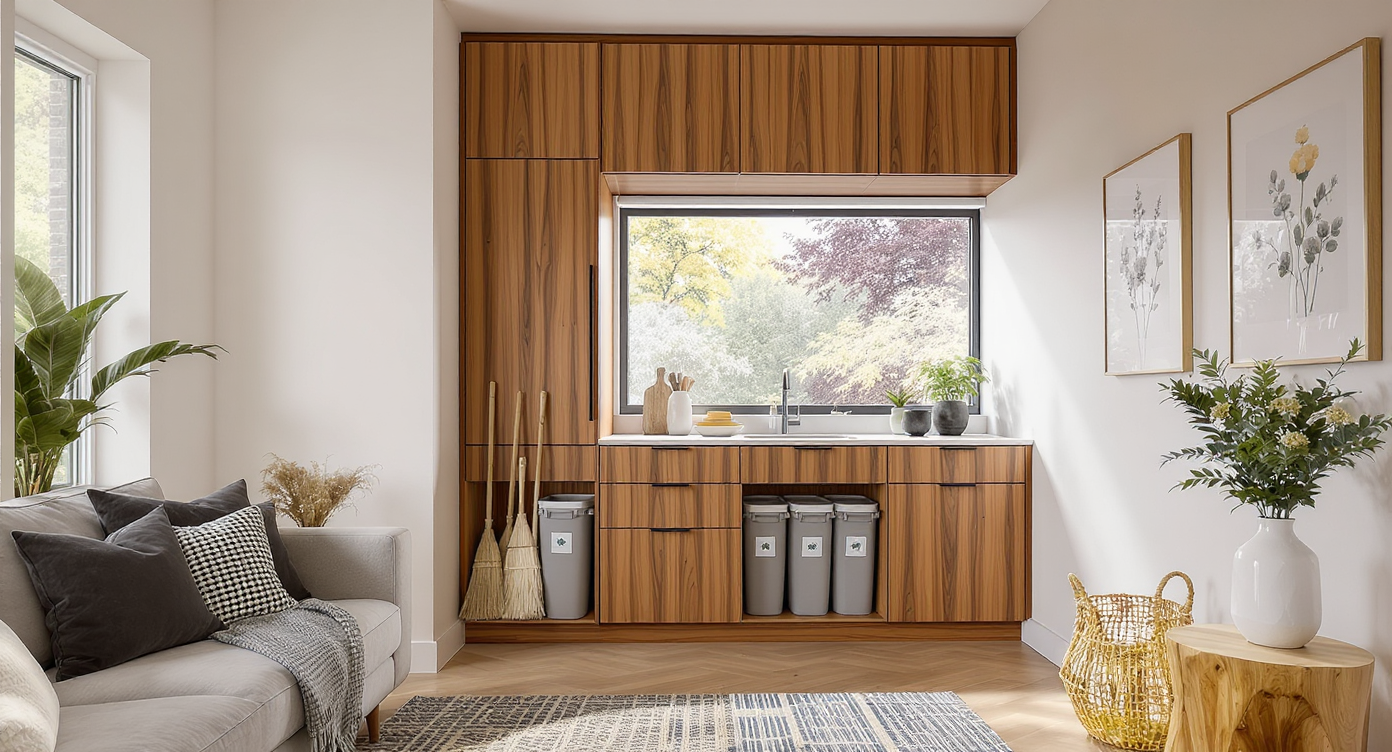 A sunlit transitional room with mid-century style built-in walnut storage under a window, organized bins, and visible kitchen supplies, linking two living areas.