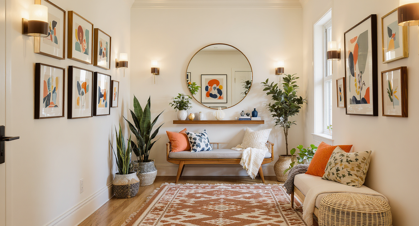 A stylish transitional hallway with colorful artwork, plush runner, mirrors, textured planters and baskets, and lush indoor plants in natural light.