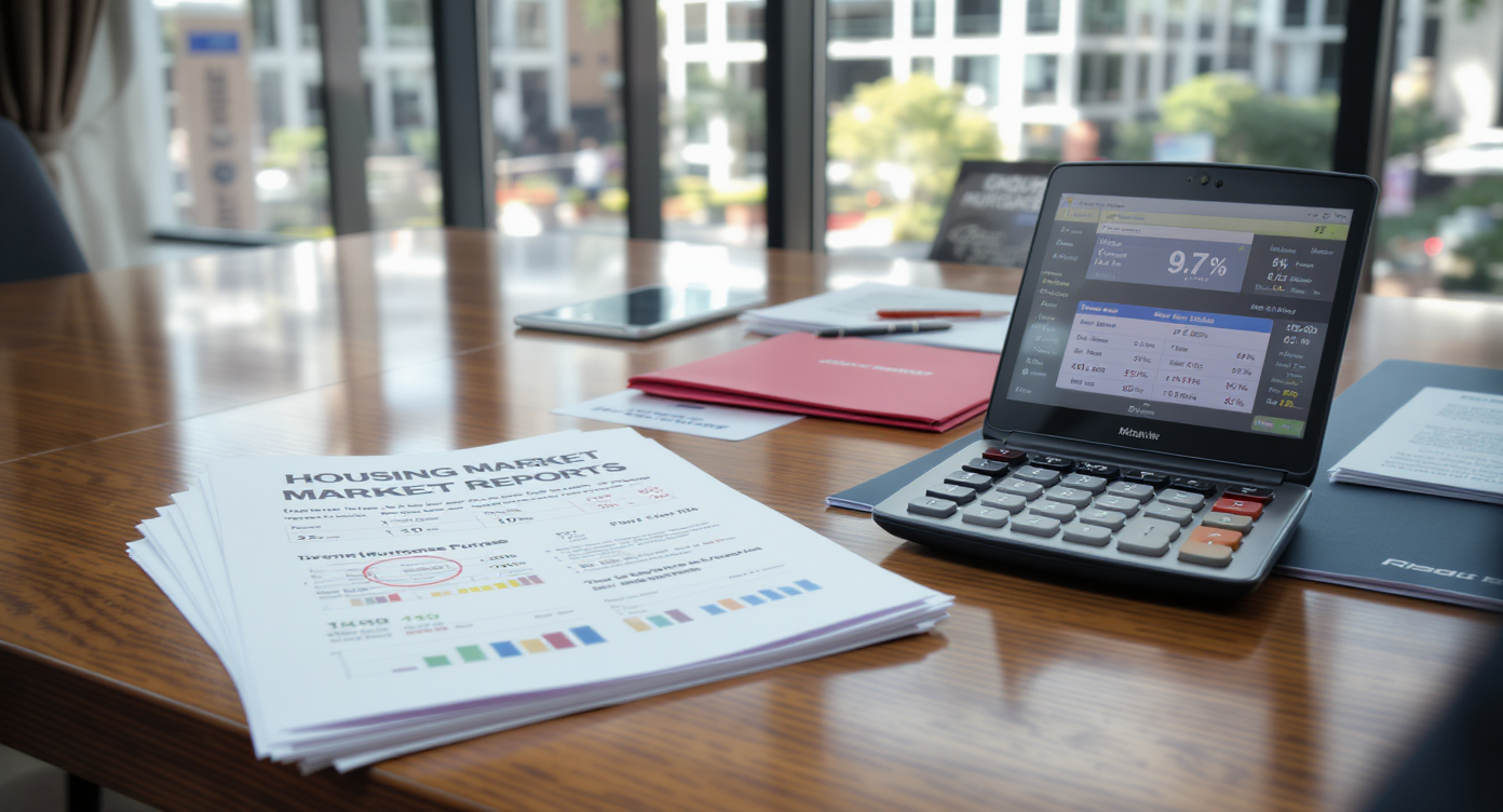 Modern real estate office table with housing reports showing high mortgage rates, group homebuying folders, and a city neighborhood outside window.