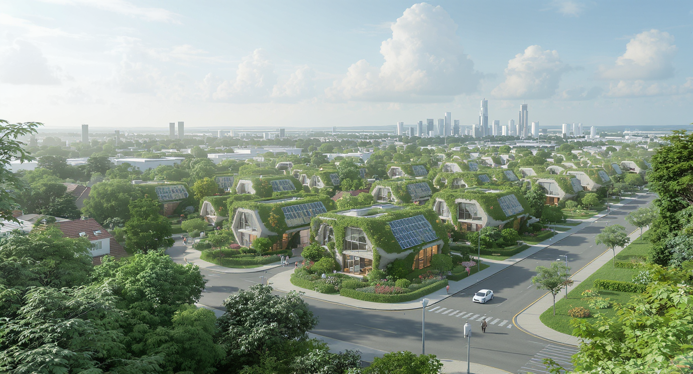 A futuristic, eco-friendly suburban neighborhood in 2050 showcasing modular homes with green roofs, solar panels, smart windows, and drone landing pads.