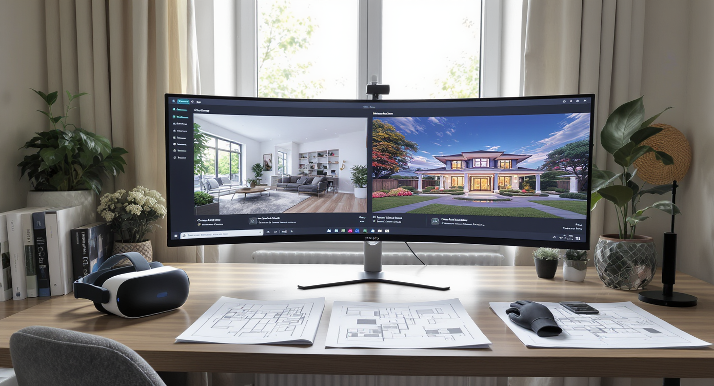 Modern home office with a wide monitor displaying physical and digital property listings, VR headset, blueprints, and real estate brochures, well-lit and realistic.