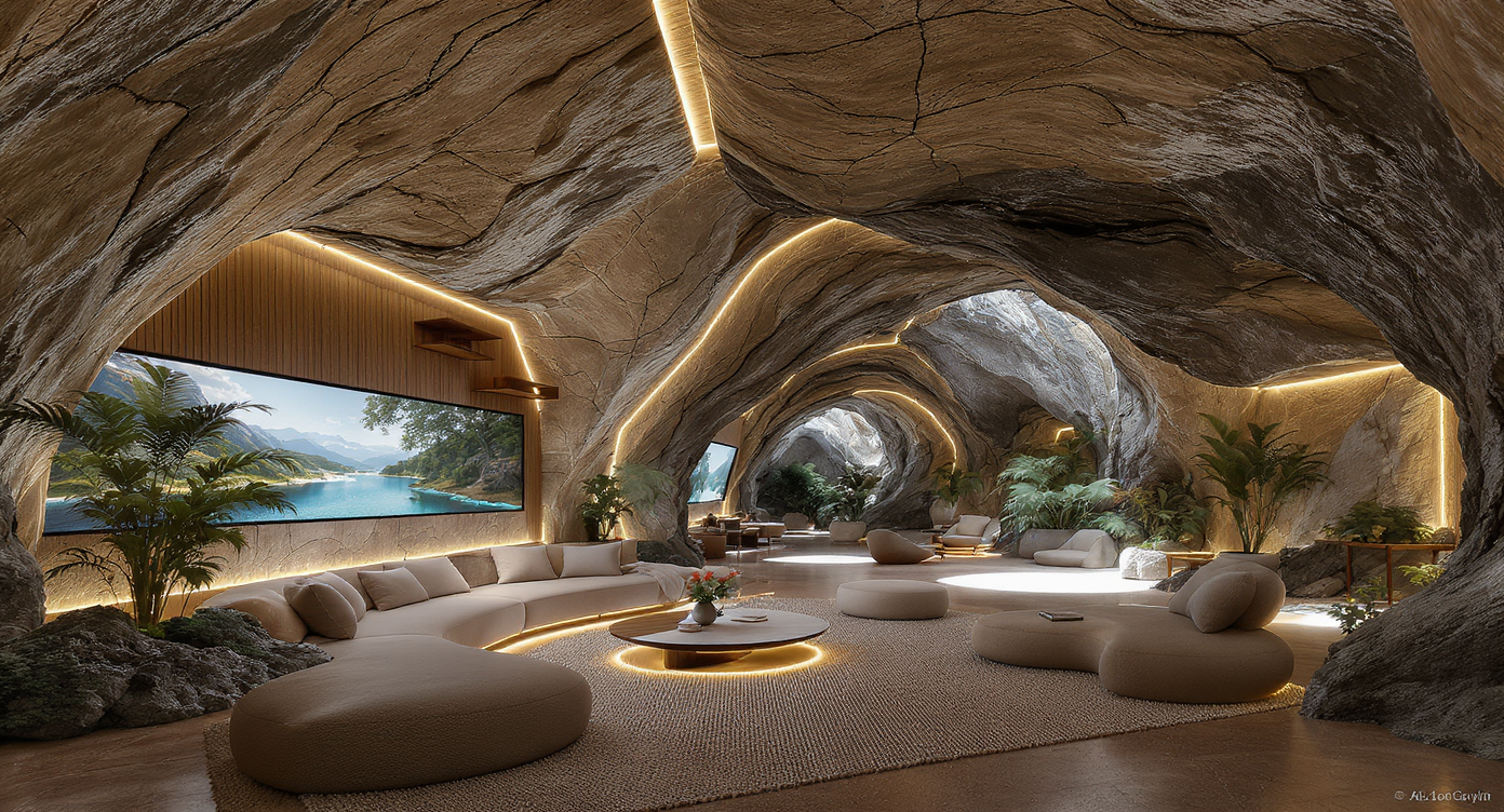 Futuristic underground apartment with natural stone walls, ambient lighting, lush indoor plants, and digital windows simulating daylight.