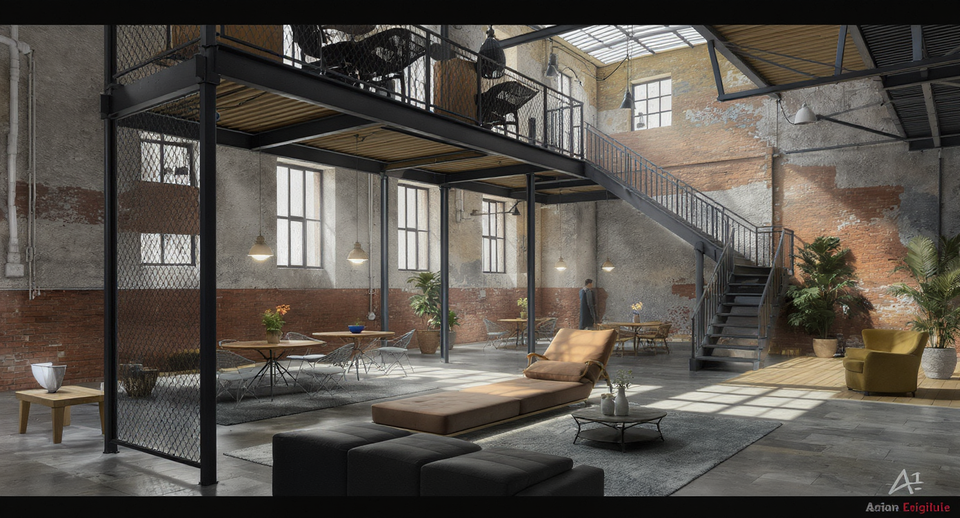 Photorealistic view of a warehouse converted into modular co-living spaces and an adjoining modern underground habitat with smart infrastructure.