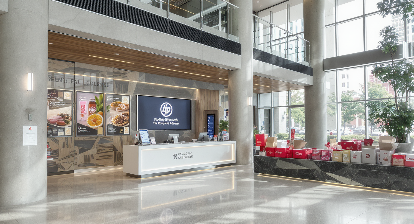 A photorealistic apartment lobby showing a leasing office with consumer brand-like corporate logos, rental kiosks, and branded lockers.