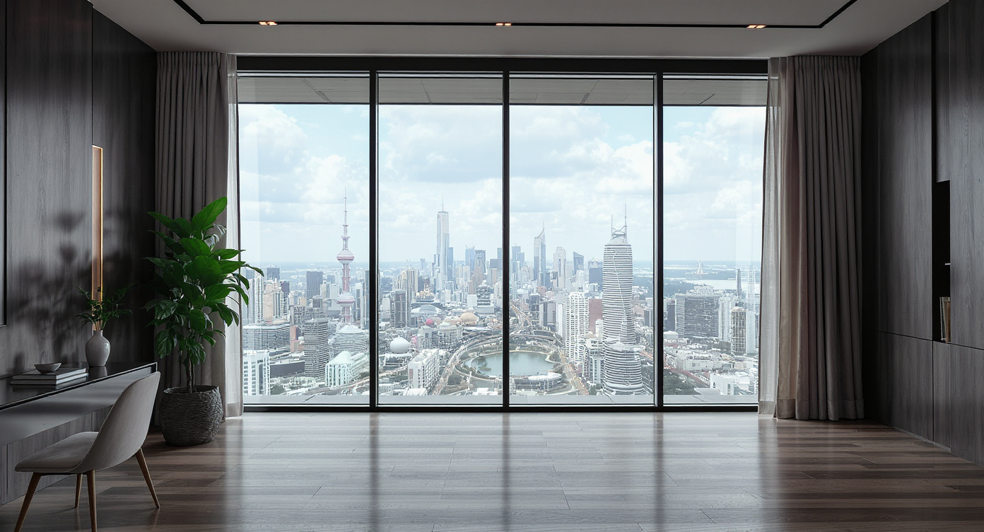 A modern home office overlooks a futuristic city with evolving architecture, construction cranes, and home improvement tools on the desk.