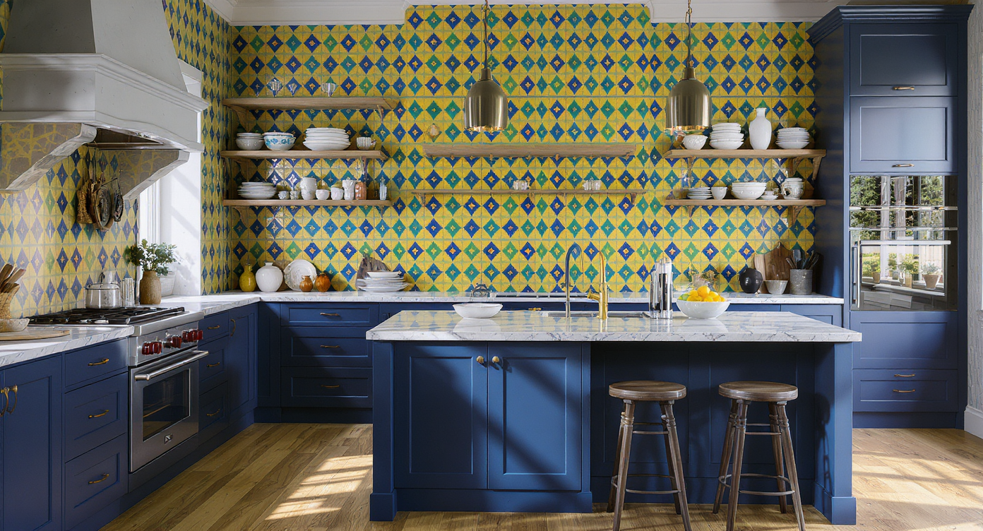 Contemporary London kitchen with vibrant patterned wallpaper, bold lacquered tile motifs, navy island, marble counters, and eclectic open shelving.