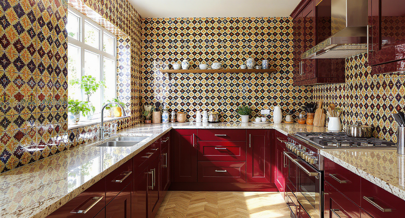 Photorealistic London kitchen with glossy patterned wallpaper mimicking lacquered tiles, bold motifs, classic cabinetry, and stone countertops.
