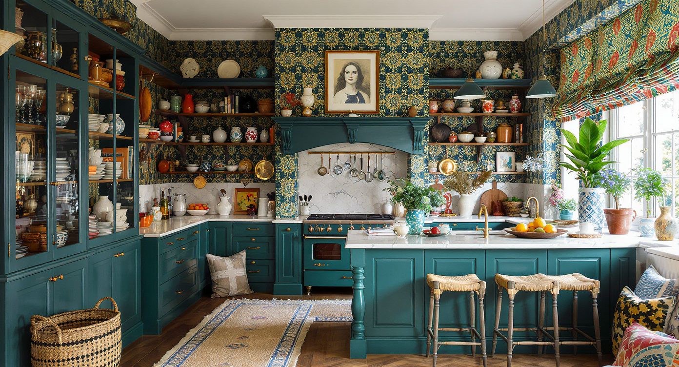 A North London kitchen with deep teal walls, patterned lacquered wallpaper, open shelves with ceramics, glass-fronted cabinets, copper pans, and a woven rug.