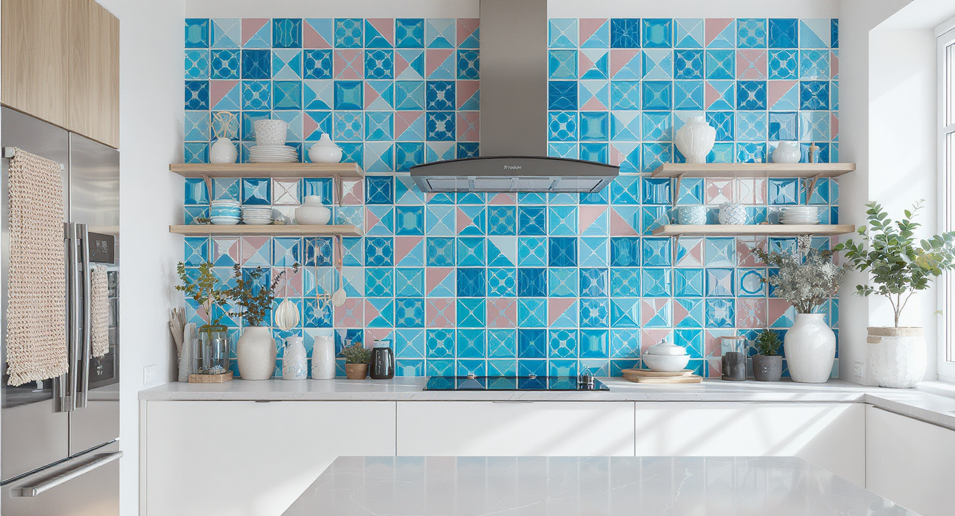 London kitchen with lacquered tile-patterned wallpaper, bold colors, and playful textiles defines a modern, eclectic, and personal cooking space.