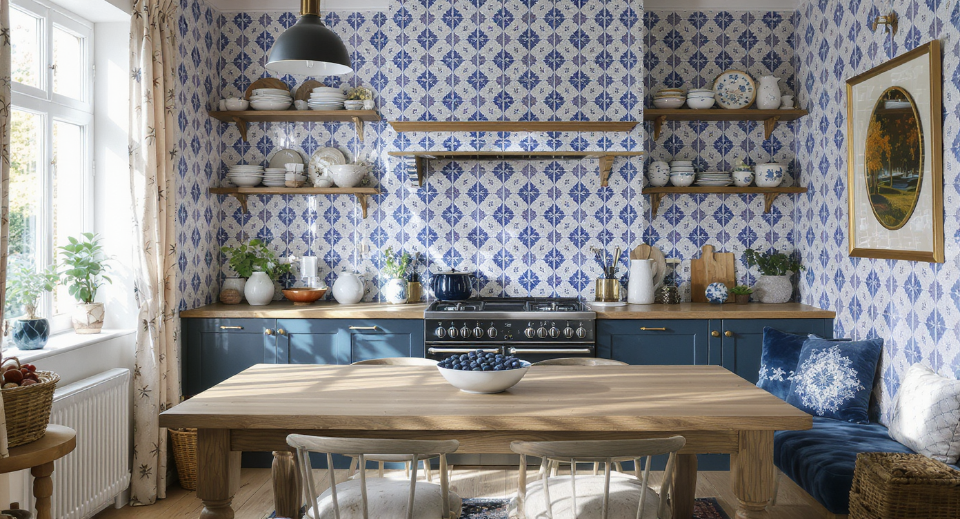 Sunlit modern kitchen with blue patterned lacquered wallpaper, oak table with blueberries, open shelving with mismatched plates, and reading nook.