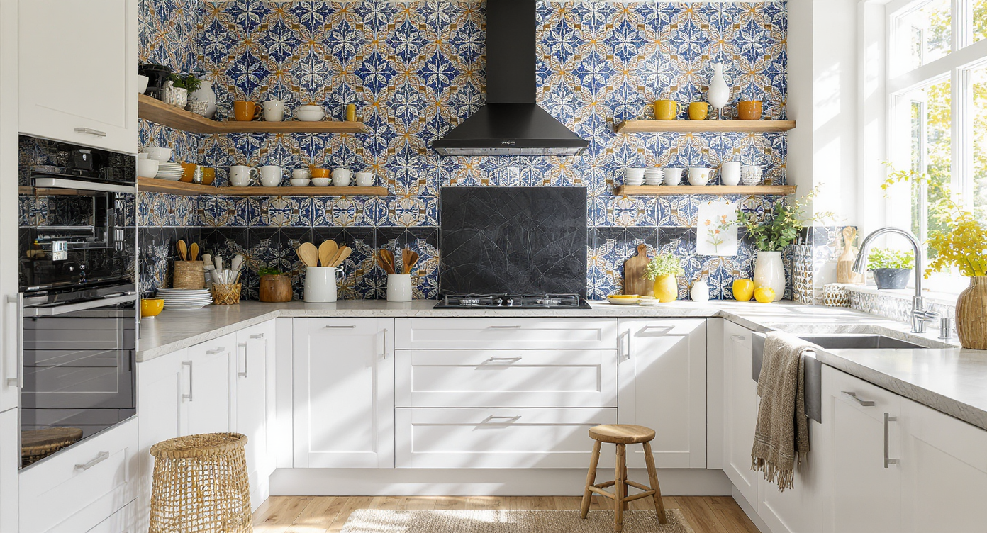 Ultra-realistic London kitchen with bold patterned wallpaper, neutral cabinetry and flooring, open shelving, and flexible decor accents.