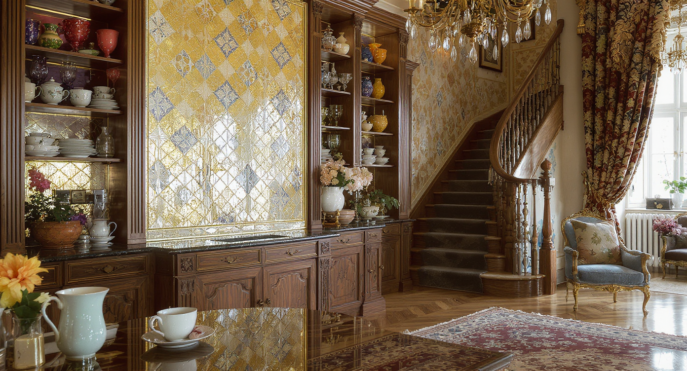 Eye-level view of a London kitchen with patterned tile wallpaper, vintage shelves, cozy rug, and a bold staircase behind drapery.
